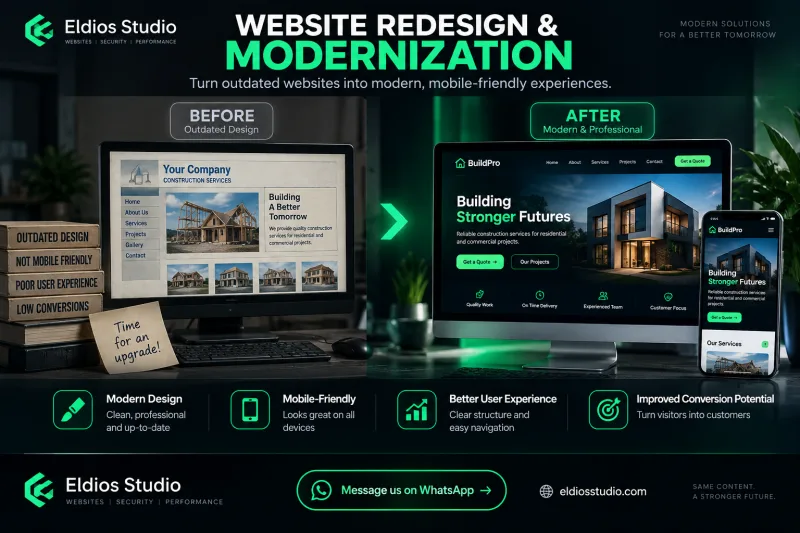 Eldios Studio website redesign showing outdated and modern mobile-friendly website versions